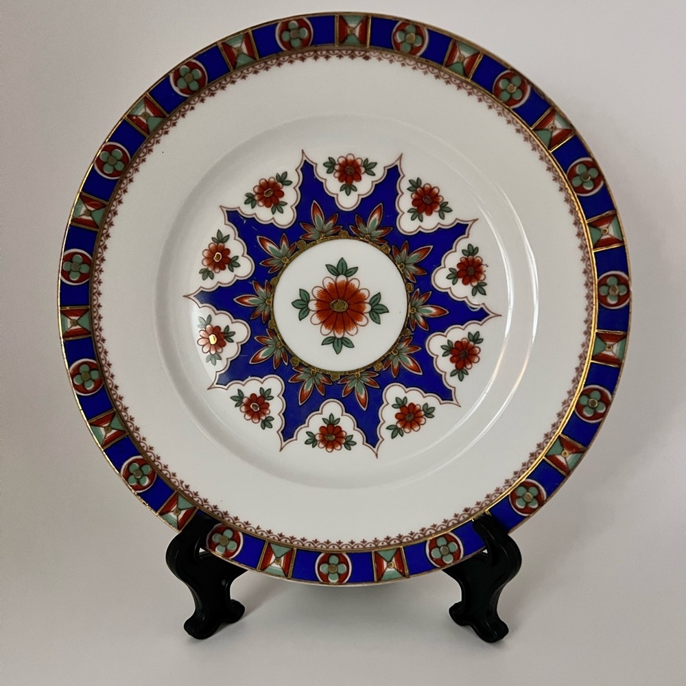 Vintage Czechoslovakia Set Of 2 Bright Blue Floral With Gold Accents 7” Plates